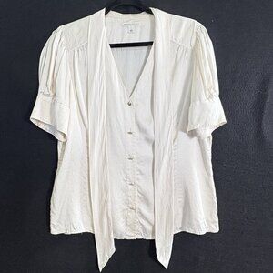 BANANA REPUBLIC Women Silk Short Puff Sleeve Button Front Top Sz L Ivory 21-7